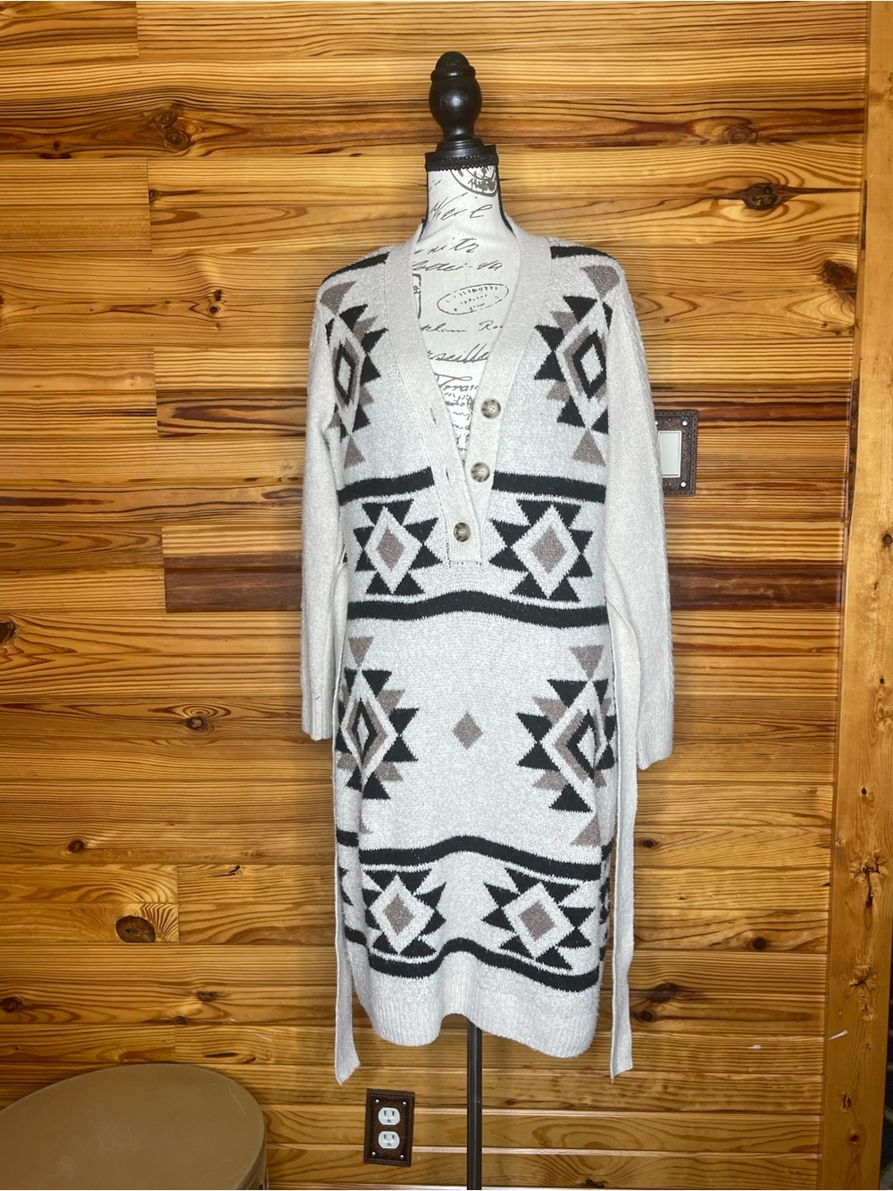 Lucky Brand Cream and Black Aztec V-Neck Button Cardigan